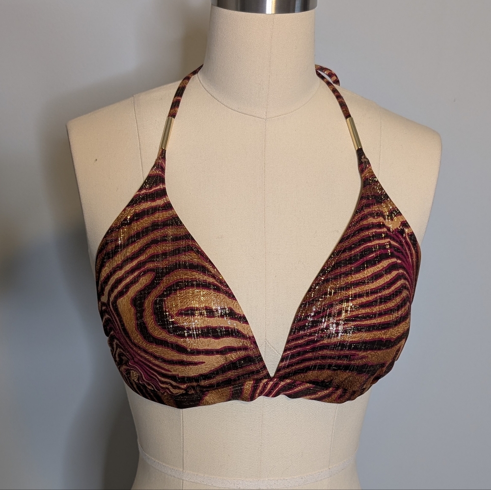 Merona Metallic‎ Safari Halter Bikini Top Burgundy Gold Size XL